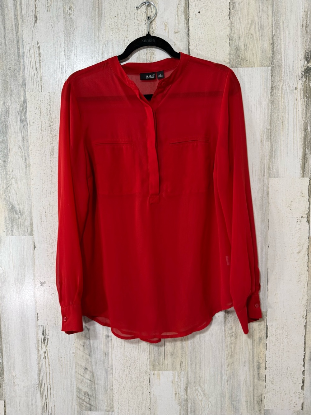 a.n.a Red Long-Sleeve Split-Neck Blouse